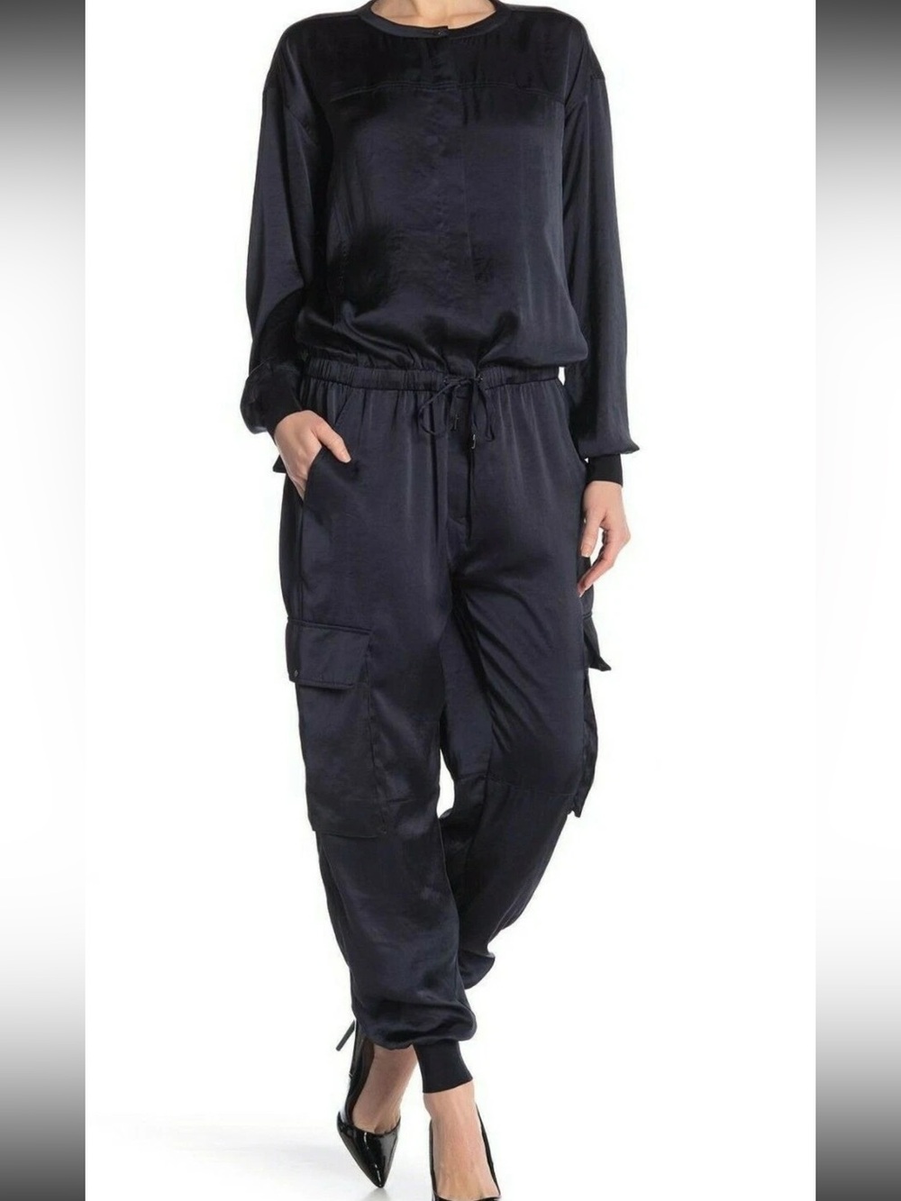 Theory Fluid Satin Long Sleeve Utility Jumpsuit size Small EUC Deep Navy